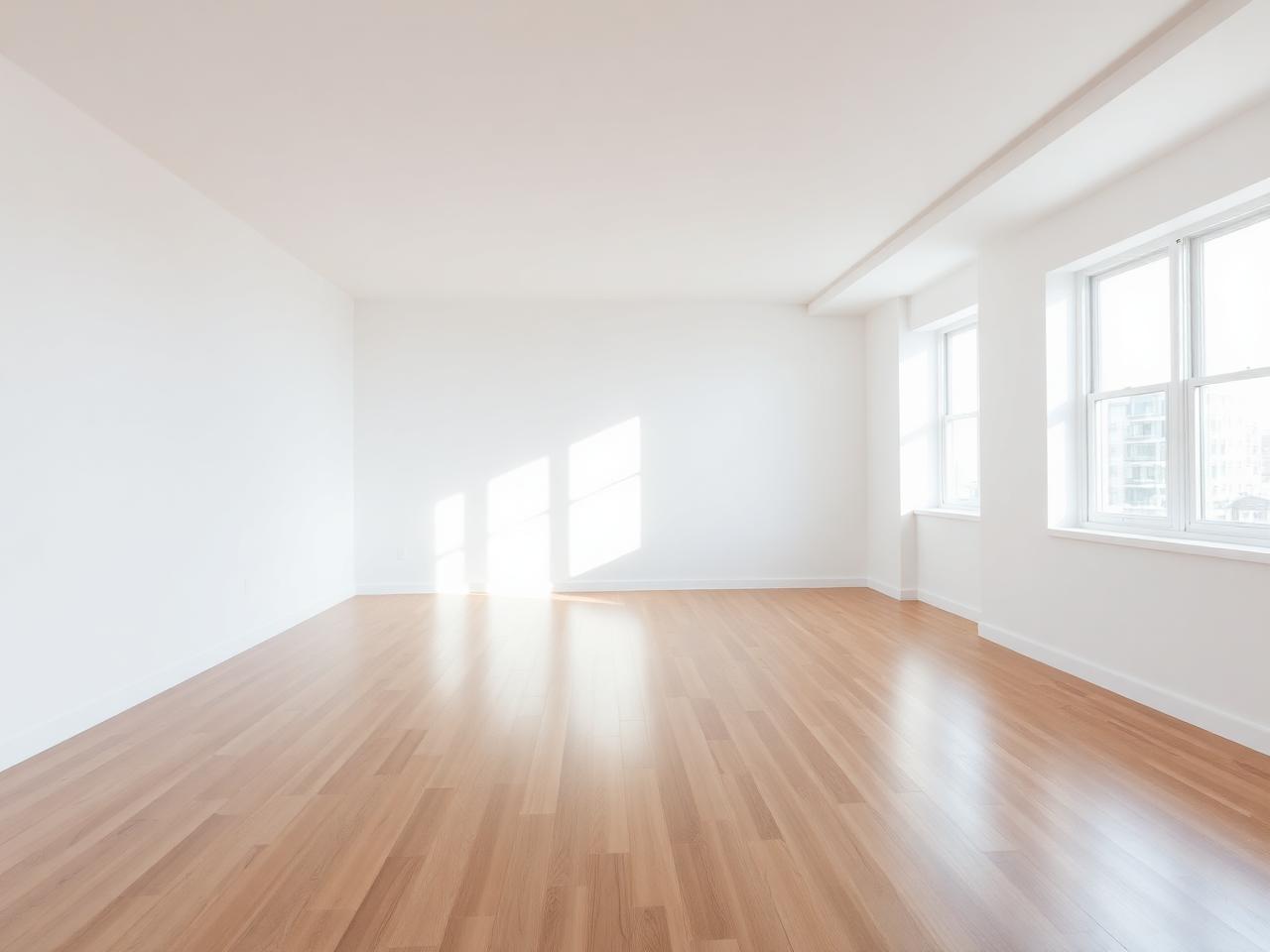 Empty apartment living room with spotless floors and windows after a move-out clean