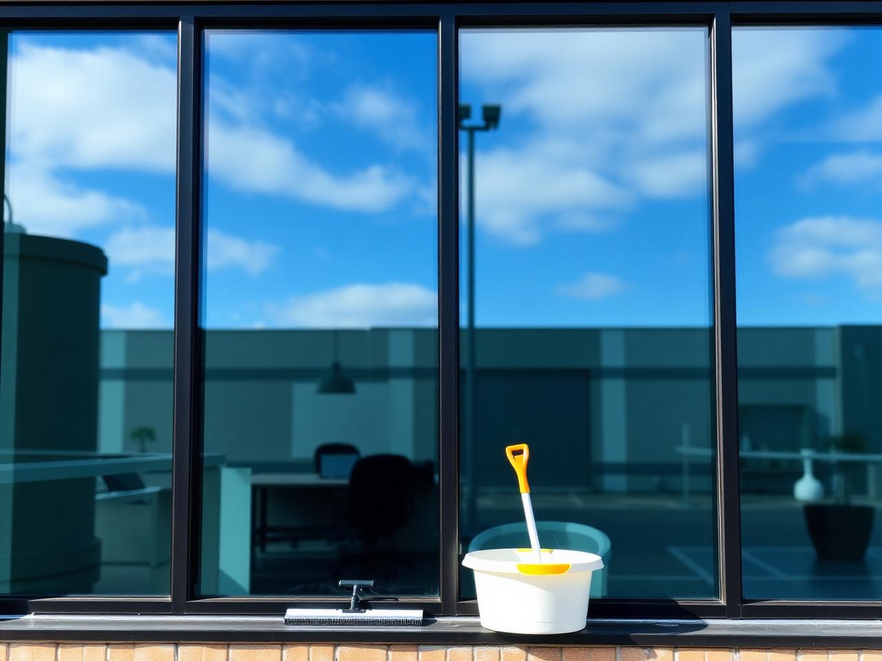 Streak-free storefront glass reflecting a clear sky